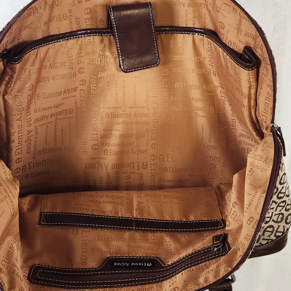 Vtg Etienne Aigner Monogram Tote‎ Travel Bag Brown Leather Trim Lg Logo Satchel